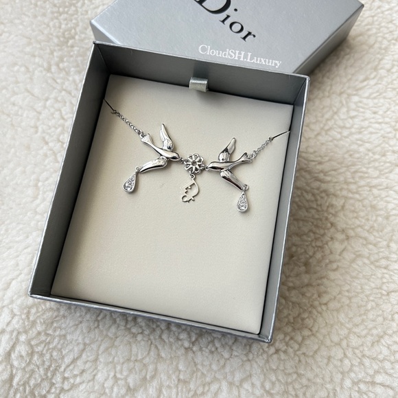 Auth Vintage Dior Logo Bird of flowers Crystal Drop Necklace w/ Silver Hardware - Picture 2 of 7